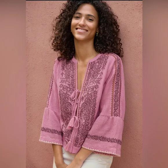 (EUC)Wrap London crinkle cotton linen front tie blouse size us 12 - Picture 3 of 9